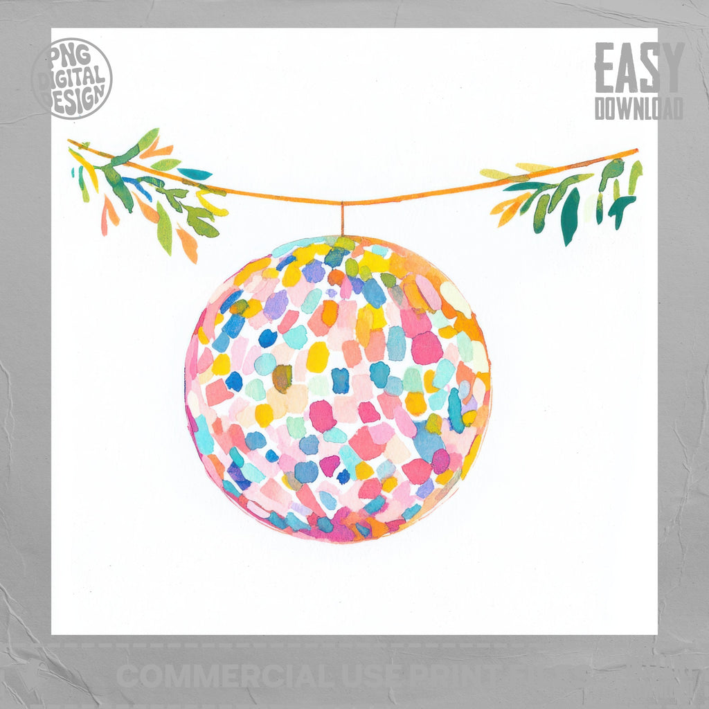Colorful watercolor disco ball hanging from leafy branches.
