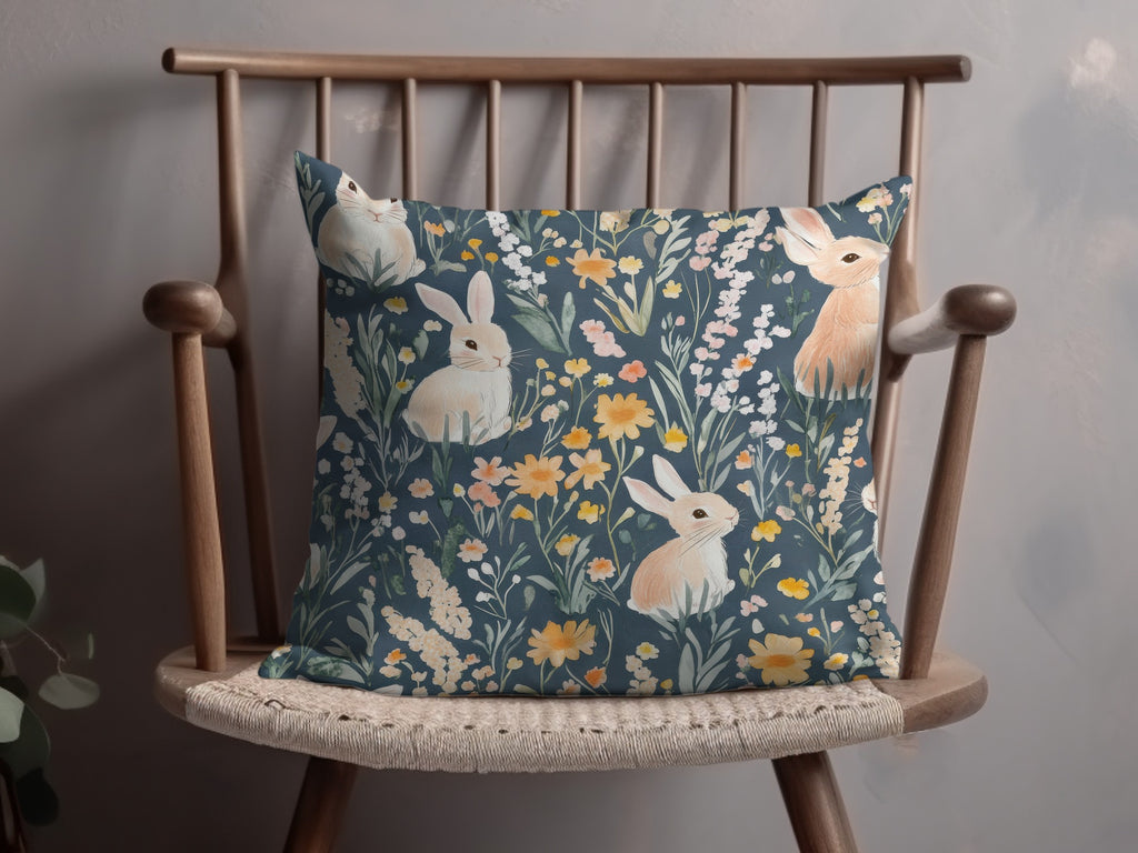 Floral Patterned Throw Pillow with Bunnies Design