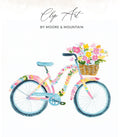 Watercolor bicycle with floral pattern and basket of flowers.