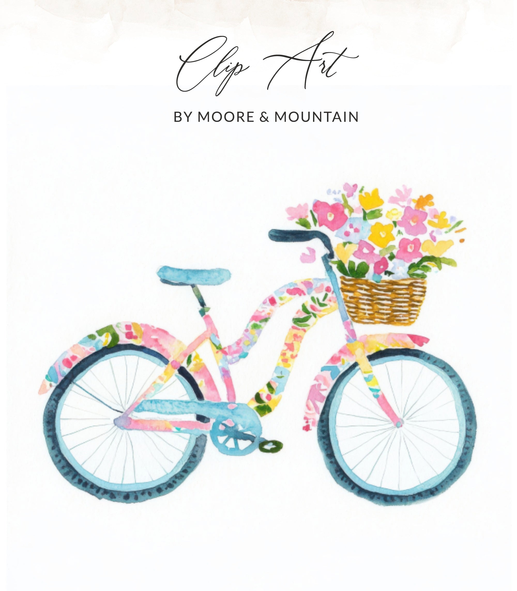 Watercolor bicycle with floral pattern and basket of flowers.
