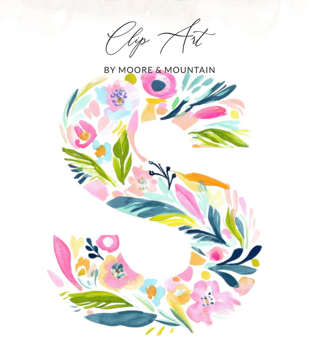 Floral letter S with "Clip Art by Moore & Mountain" text.