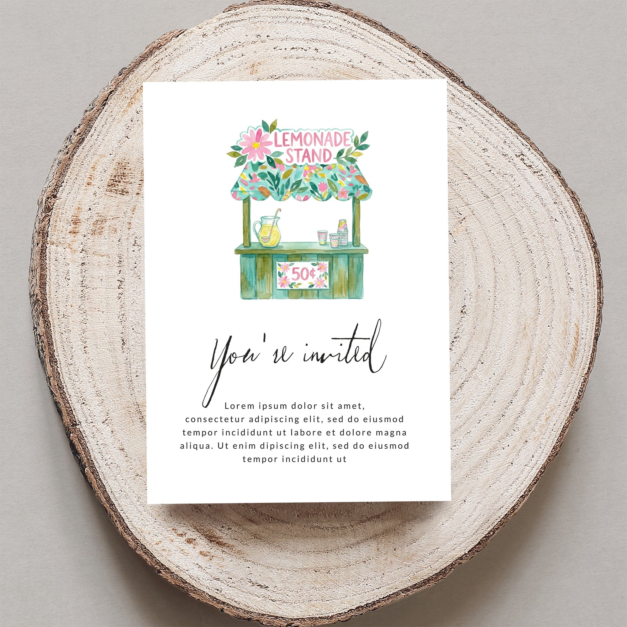 Lemonade stand invitation with floral accents and placeholder text.
