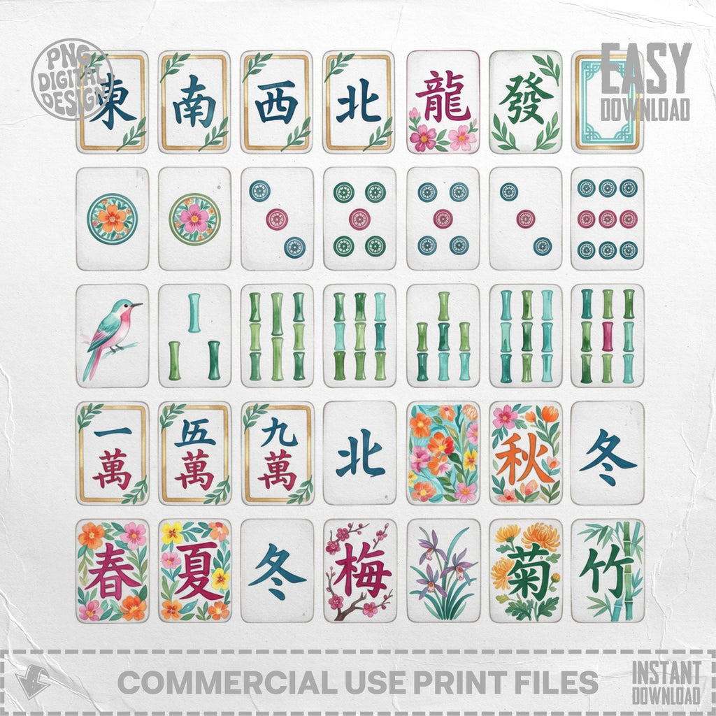 Mahjong tiles with characters and suits, some with flowers and birds.