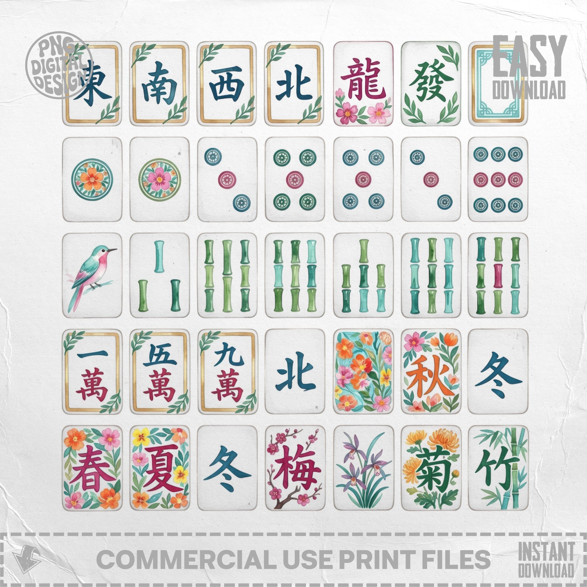 Mahjong tiles with characters and suits, some with flowers and birds.