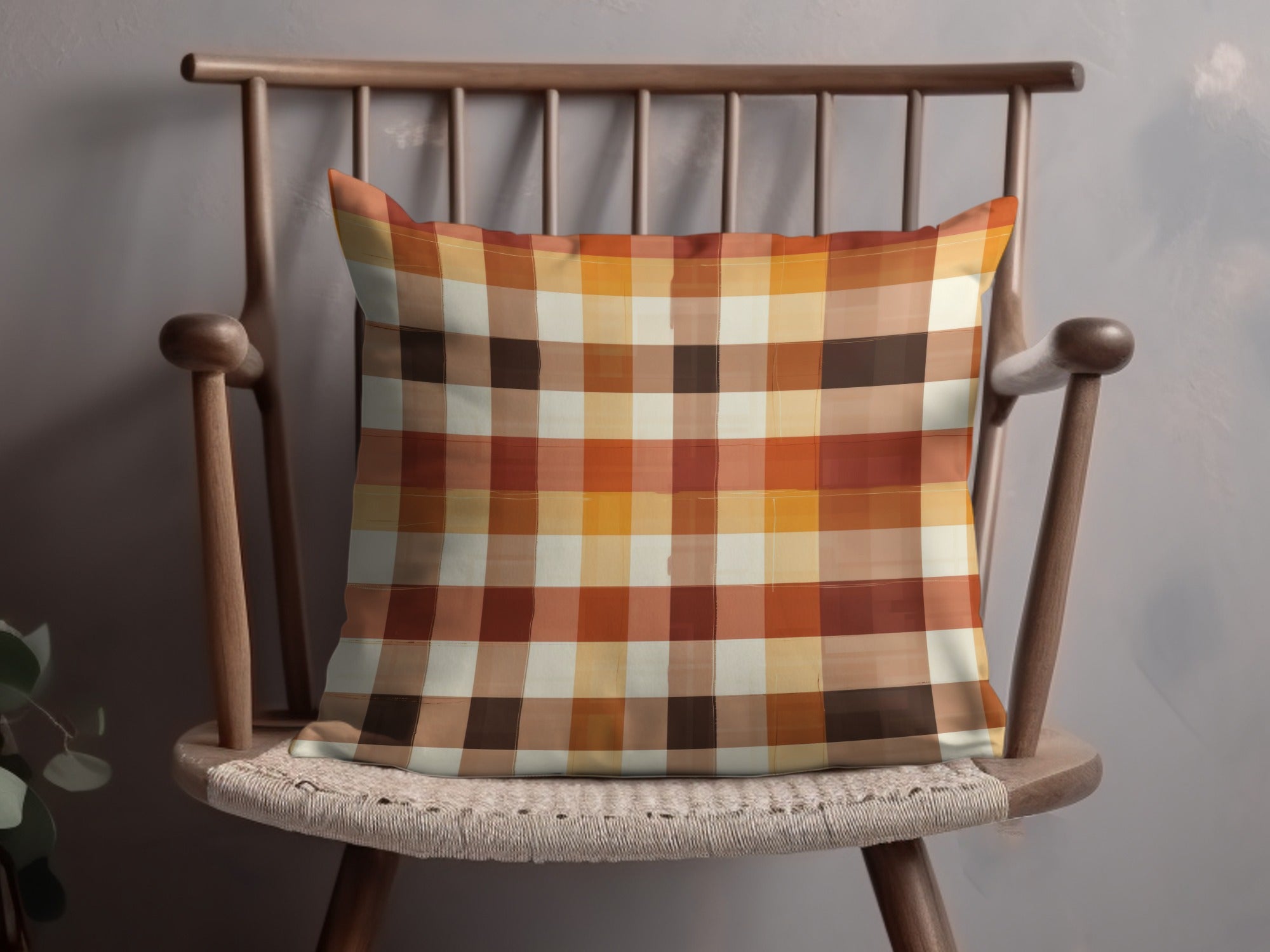 Vibrant Orange and Brown Plaid Design Throw Pillow