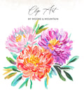 Watercolor illustration of three vibrant floral blooms with artistic text.