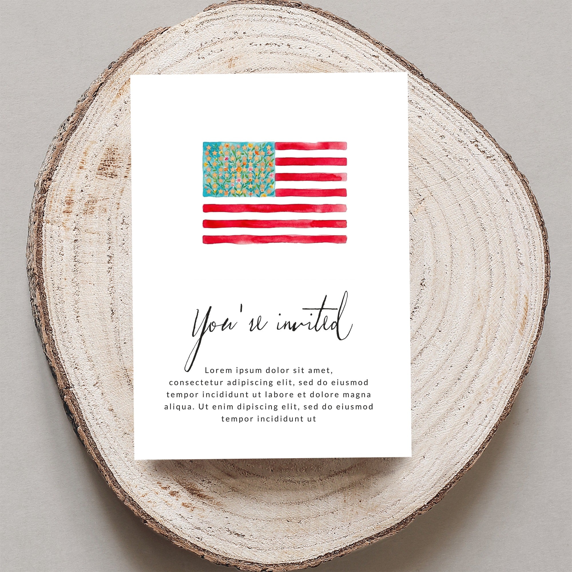Invitation with American flag design and "You're invited" text.