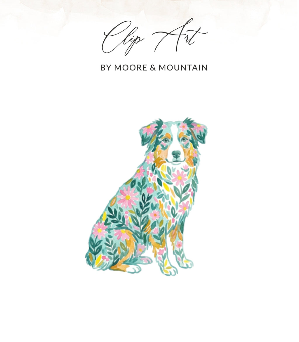 Watercolor Australian Shepherd dog with floral patterns, "Clip Art".