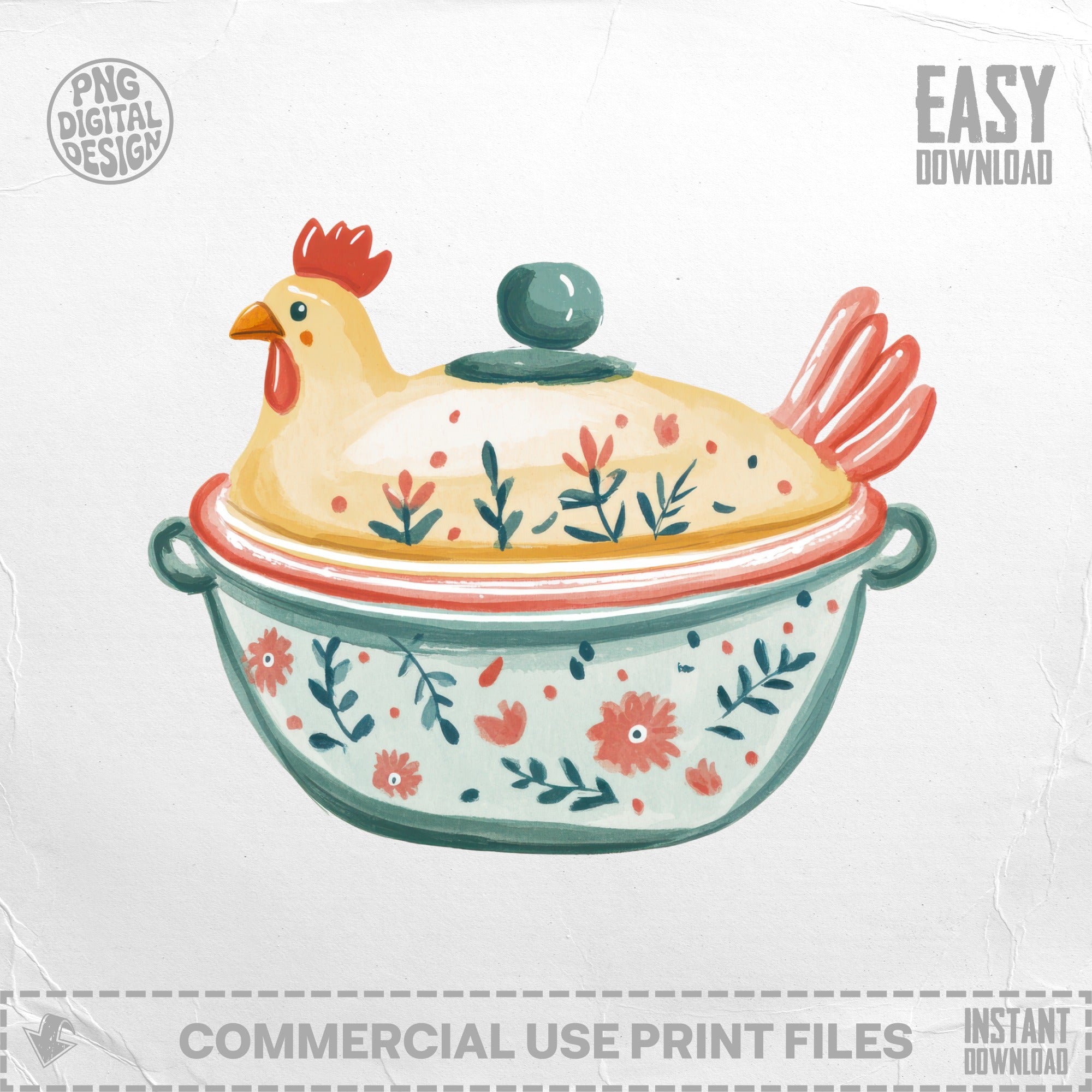 Chicken-shaped pot with floral design and text "PNG DIGITAL DESIGN" and "EASY DOWNLOAD".