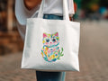 White tote bag with colorful floral kitten illustration.