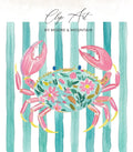 Watercolor crab with floral pattern on striped background.