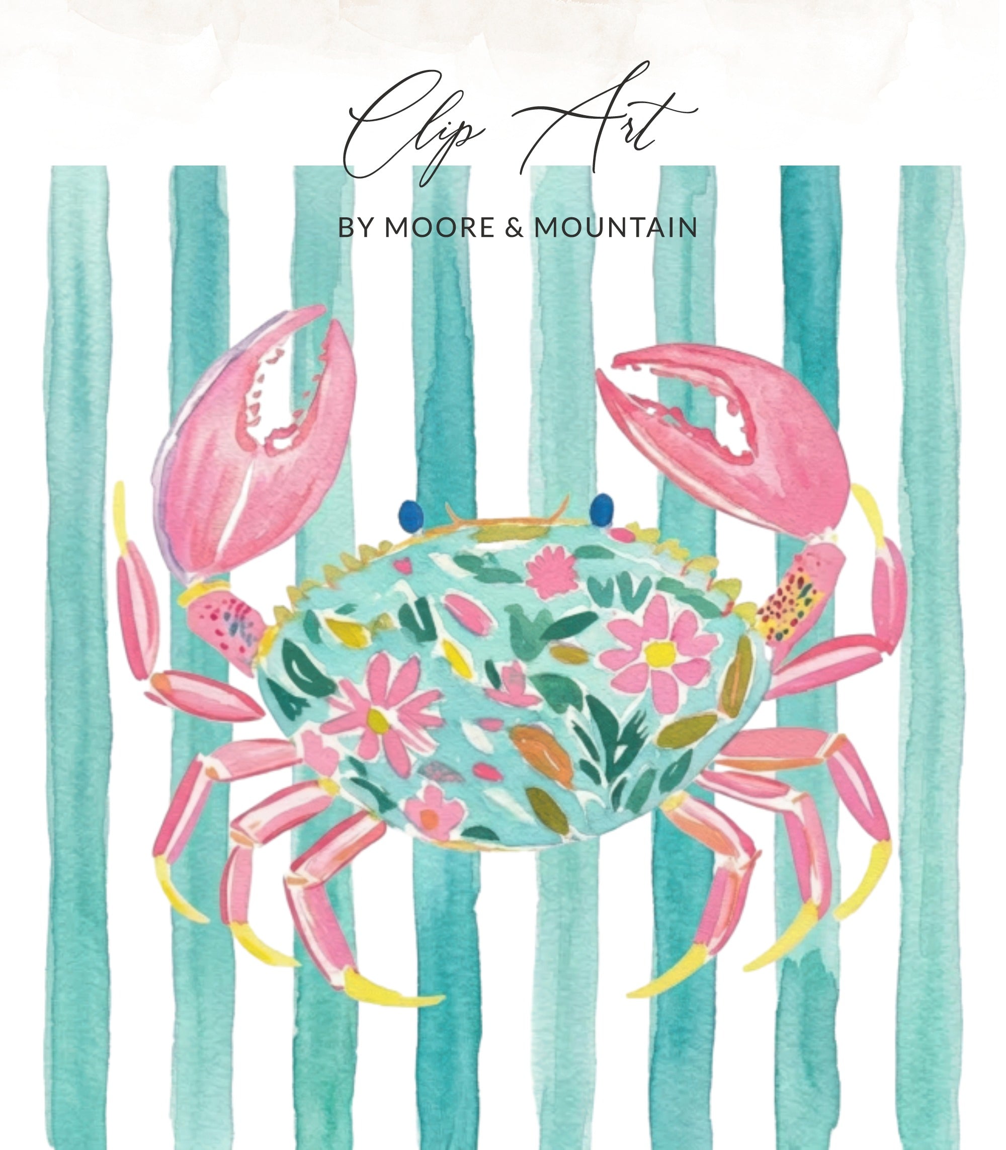 Watercolor crab with floral pattern on striped background.