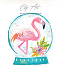 Pink flamingo in a snow globe with flowers, "Clip Art" text.
