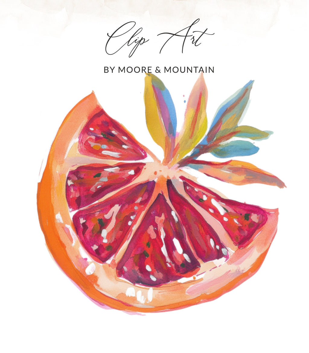 Watercolor slice of grapefruit with leaves, "Clip Art by Moore & Mountain".