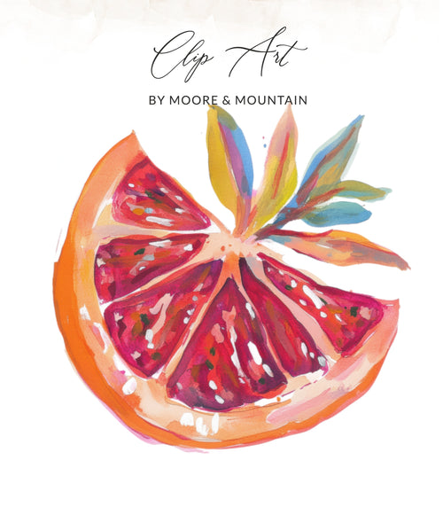 Watercolor slice of grapefruit with leaves, "Clip Art by Moore & Mountain".