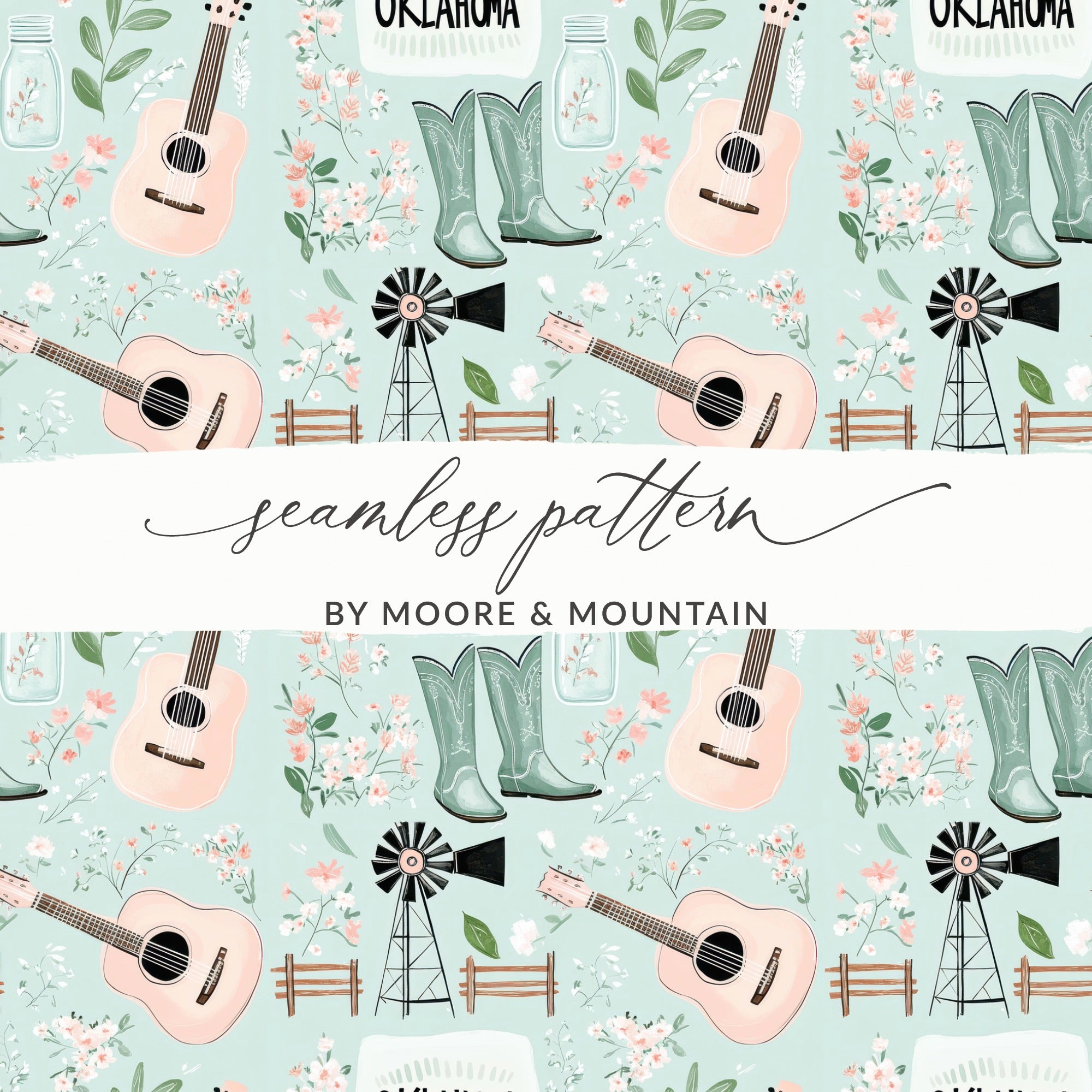 Oklahoma Country Music and Windmill Seamless Pattern