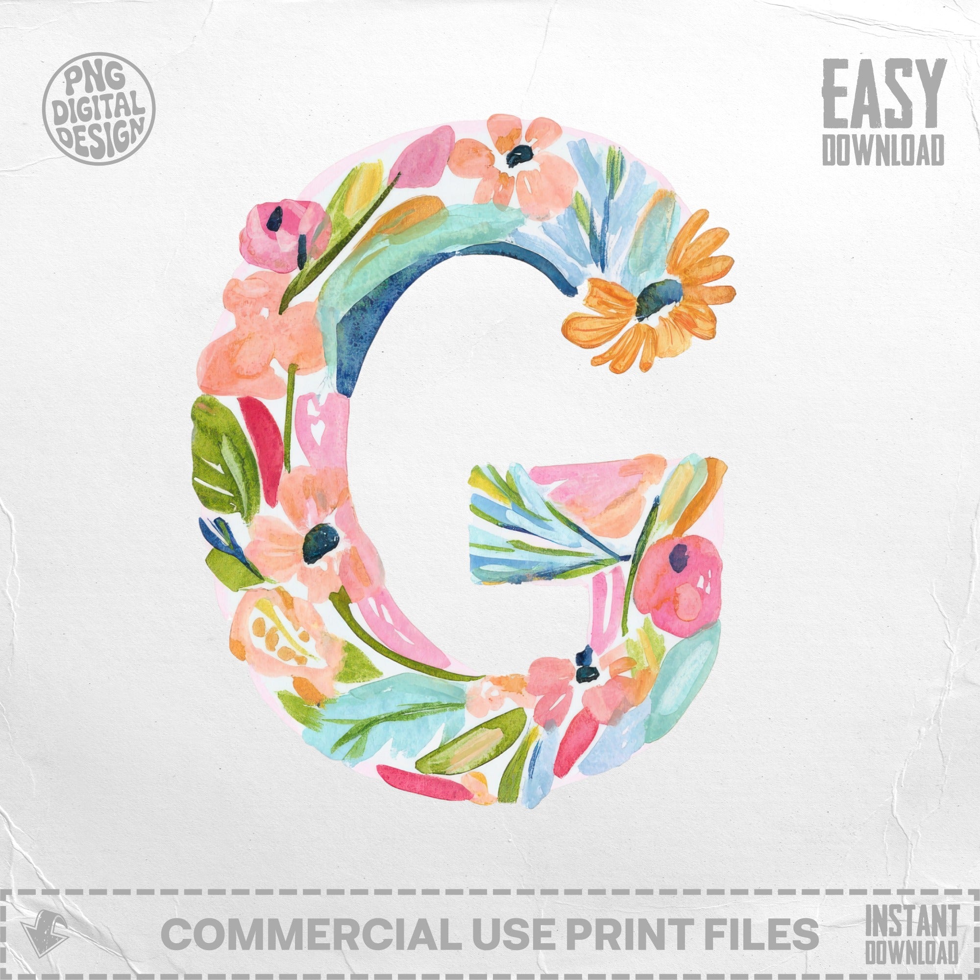 Watercolor floral letter G with "Easy Download" text overlay.