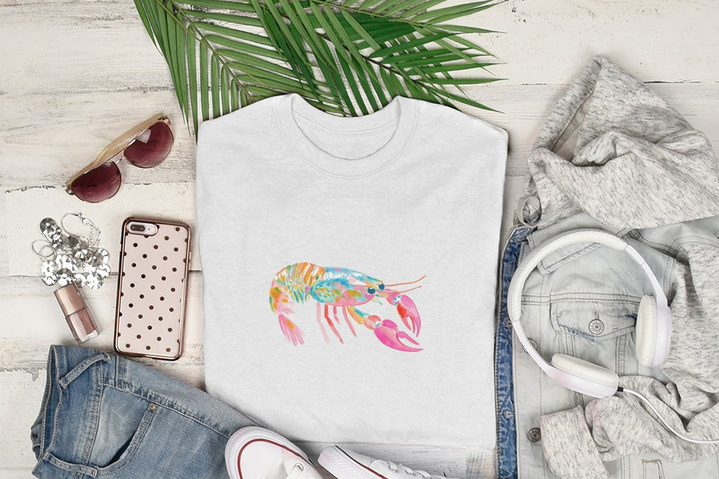 White t-shirt with a colorful watercolor lobster graphic.