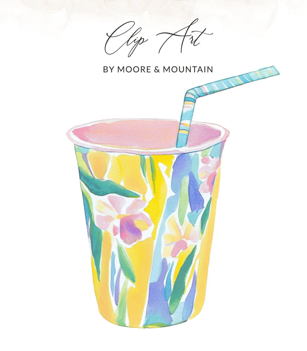 Watercolor clip art of a colorful floral cup with a straw.