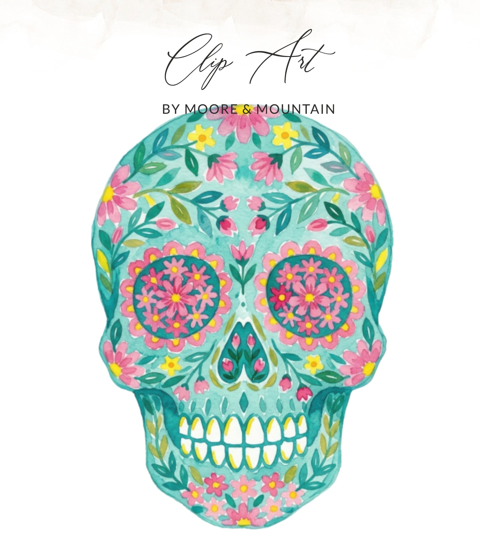 Teal floral skull clip art with pink and yellow flowers and "Clip Art by Moore & Mountain" text.