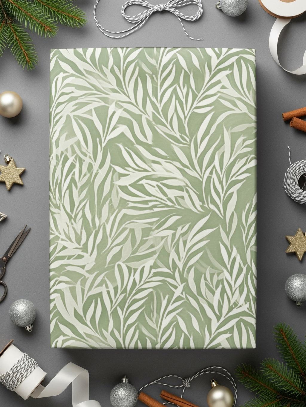 Elegant Green and White Leaf Pattern Wrapping Paper