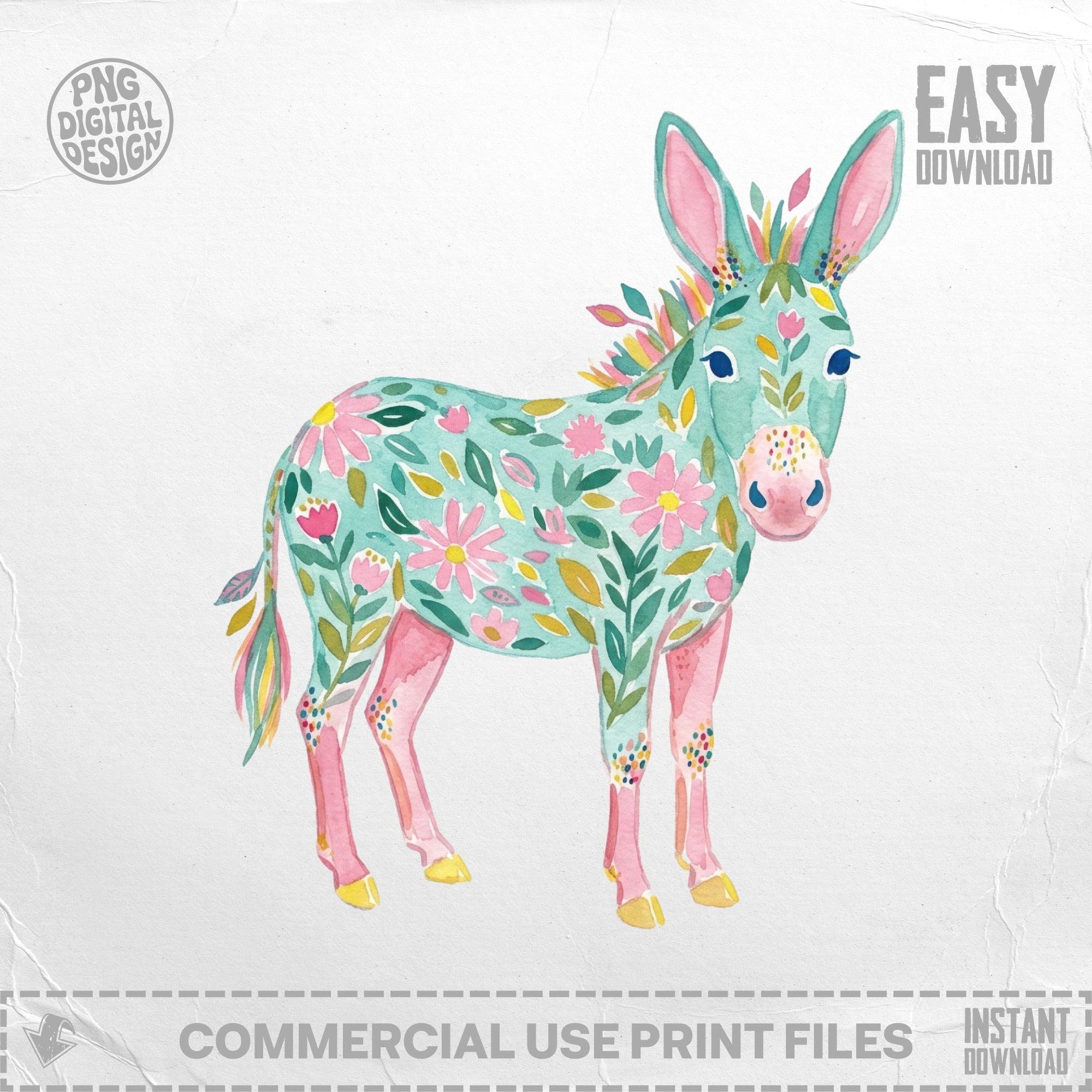 Watercolor donkey illustration with floral pattern and "Easy Download" text.