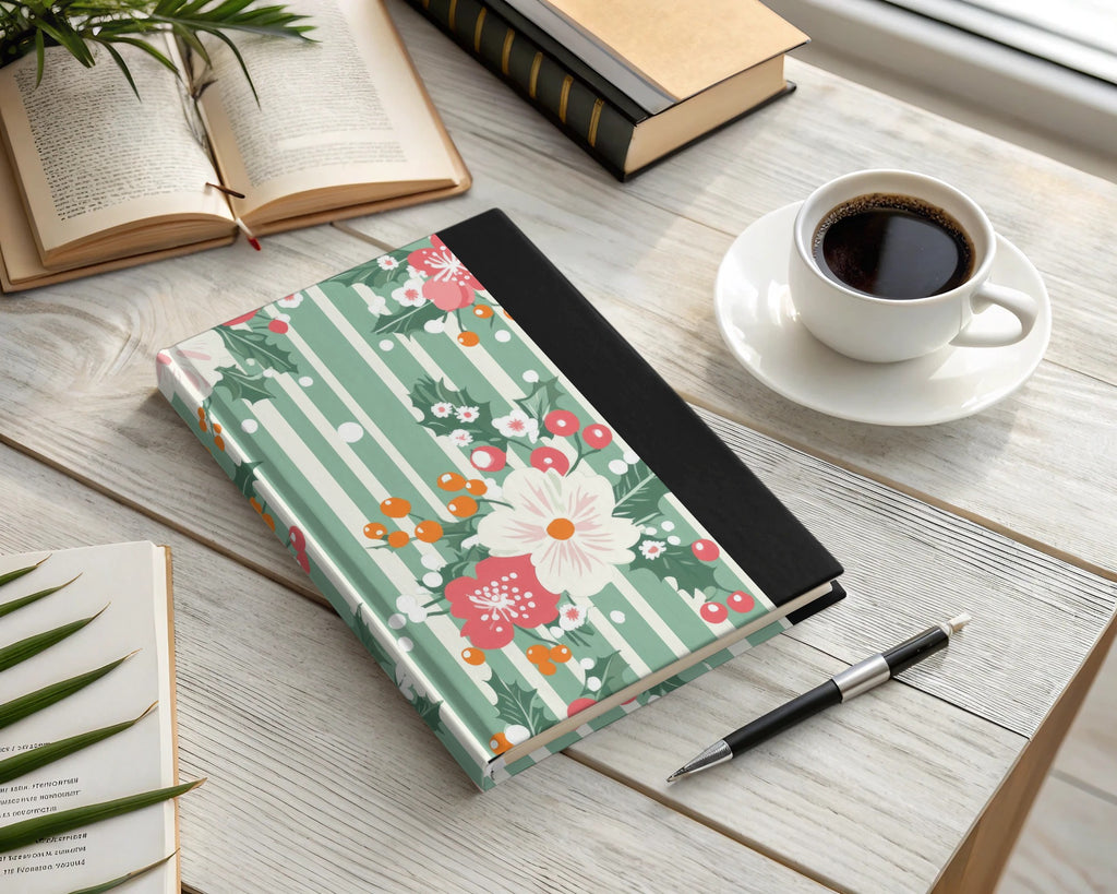Vintage Floral Design Green Striped Hardcover Journal