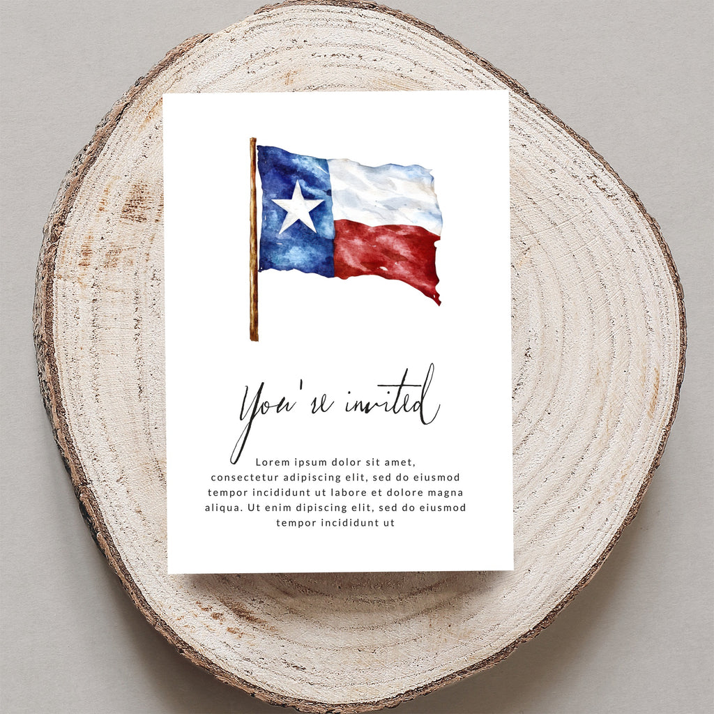 Invitation with Texas flag and "You're invited" text.