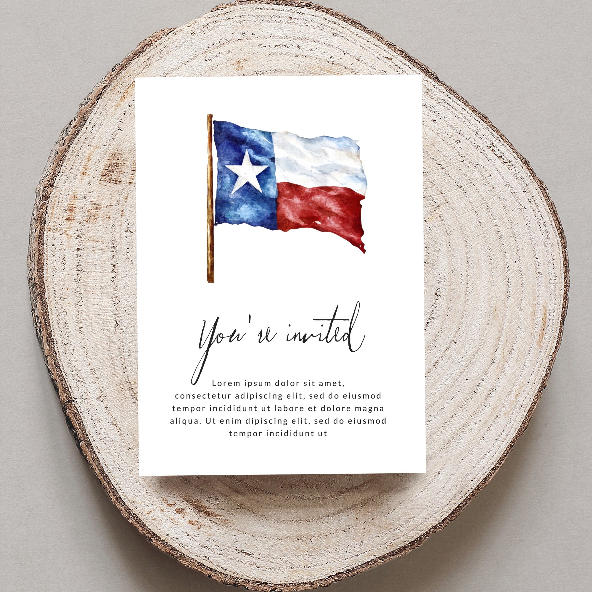 Invitation with Texas flag and "You're invited" text.