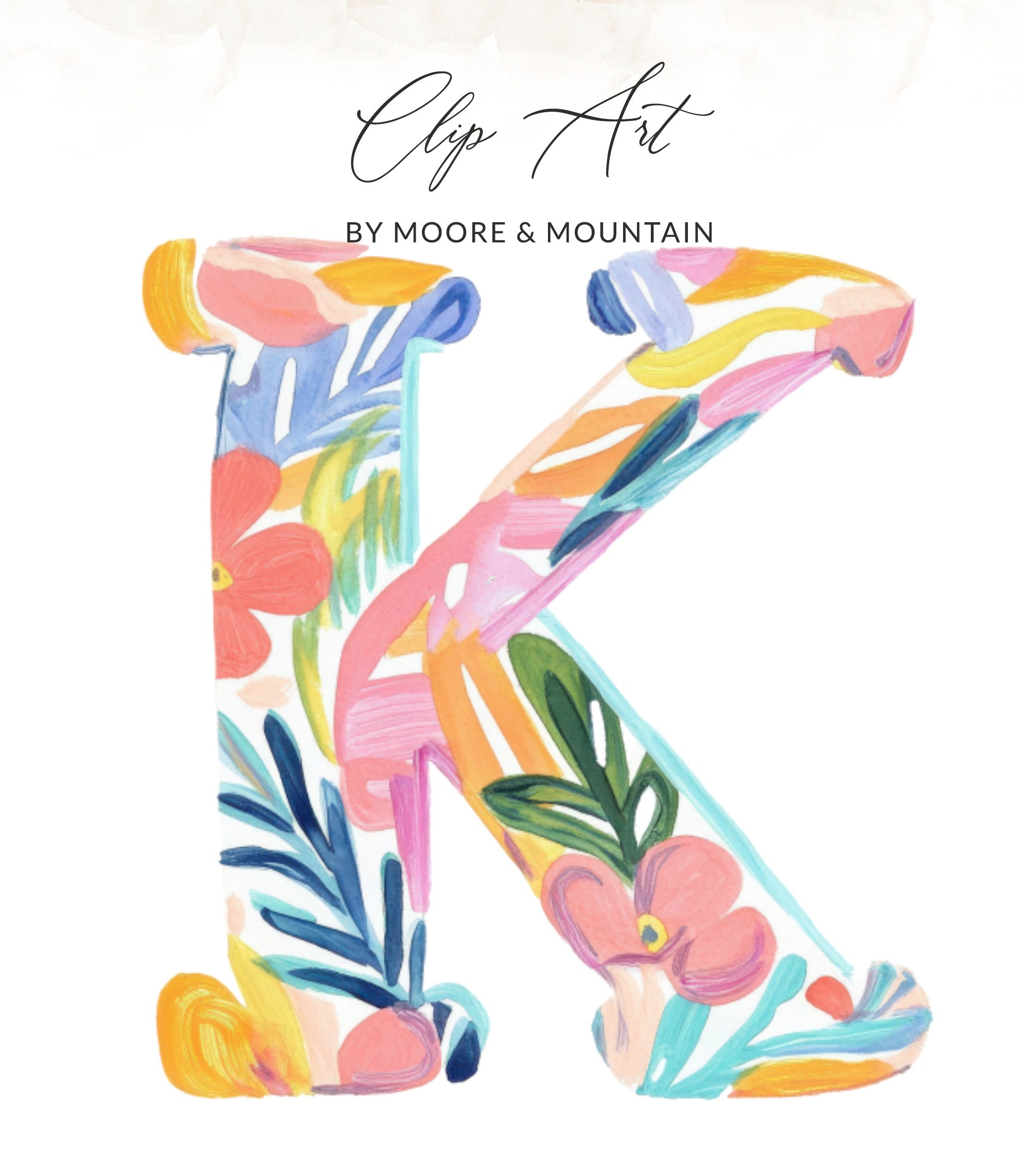 Colorful floral letter K clip art with "Clip Art" and "BY MOORE & MOUNTAIN" text.