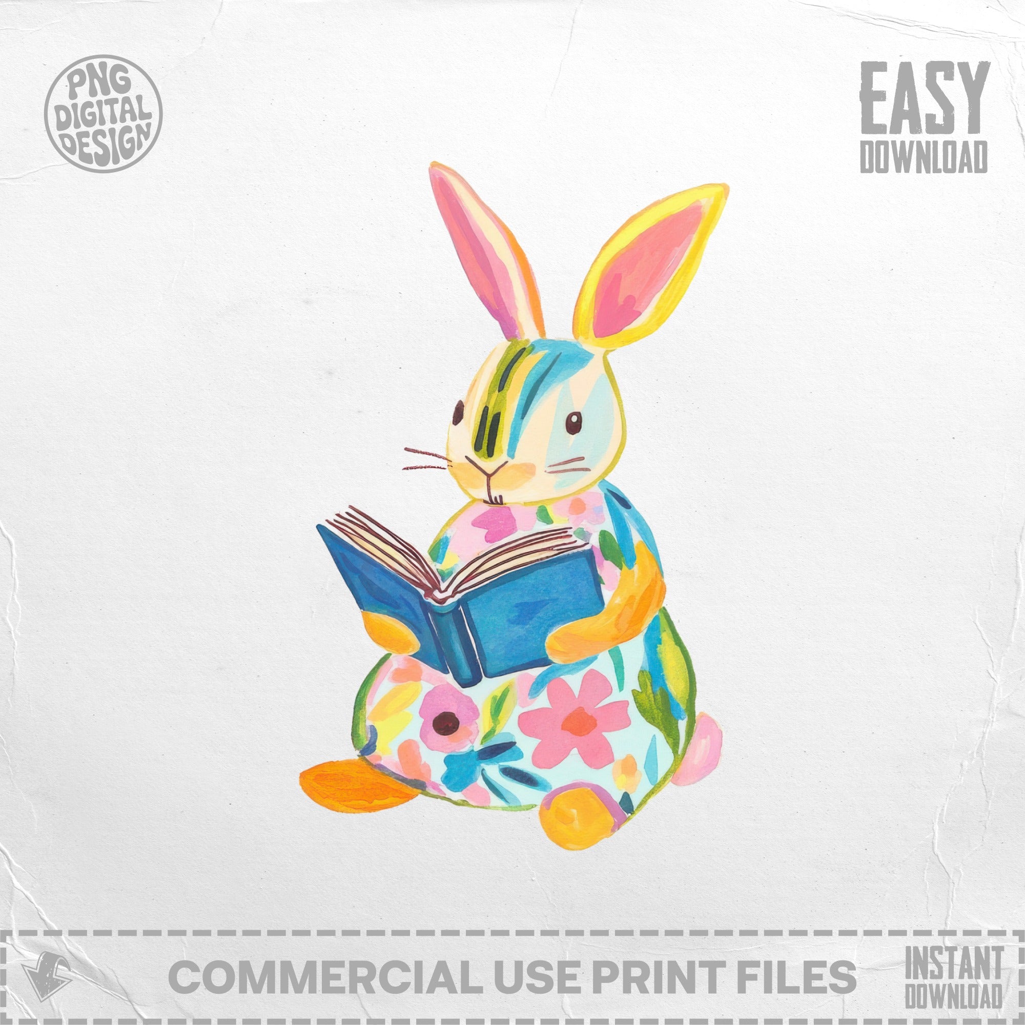 Watercolor bunny in floral dress reading a book with "EASY DOWNLOAD" text.
