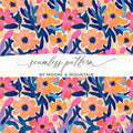 Seamless floral pattern in coral, pink, and navy blue with text overlay.