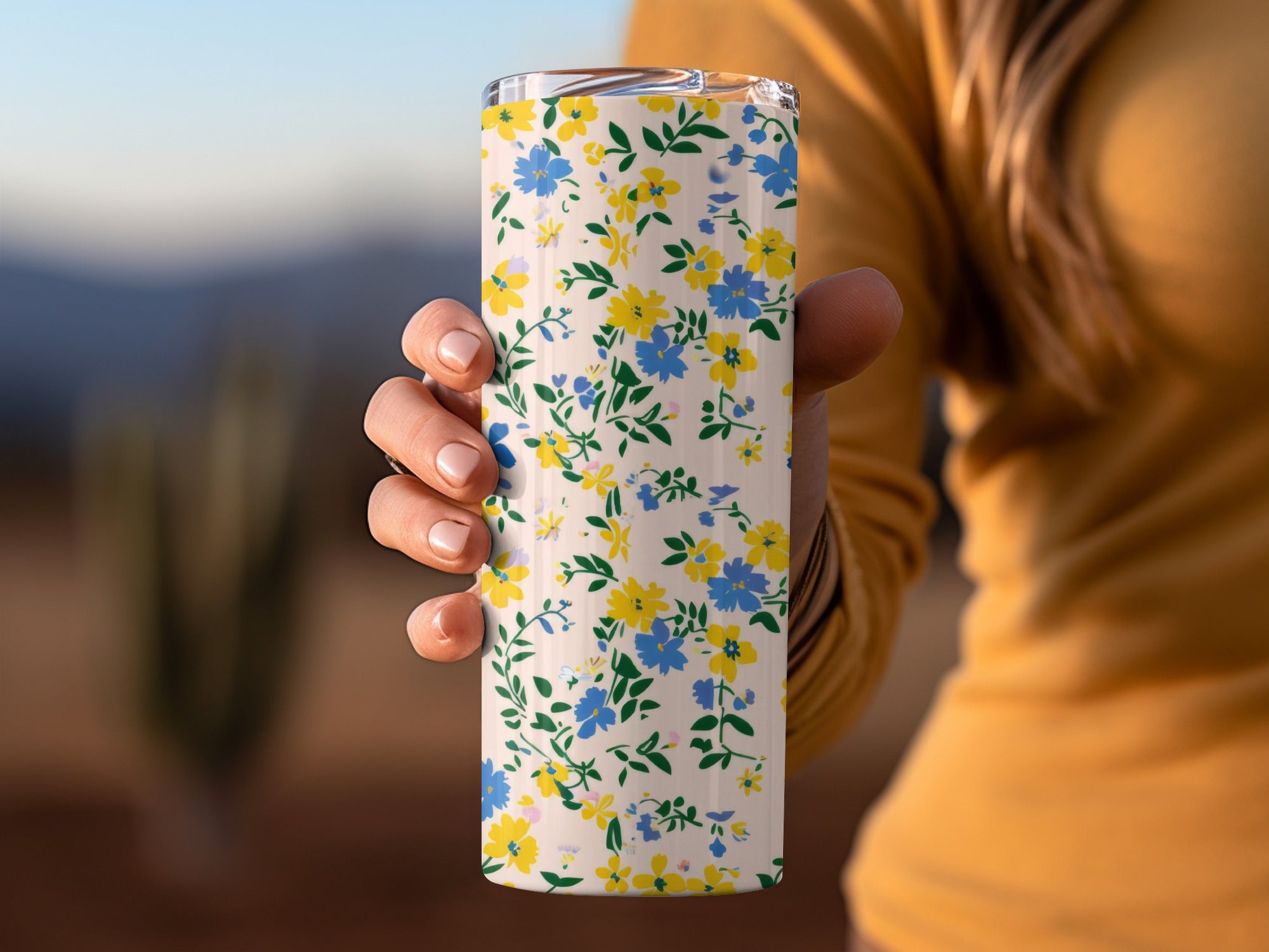 Yellow and Blue Floral Design Insulated Tumbler Cup