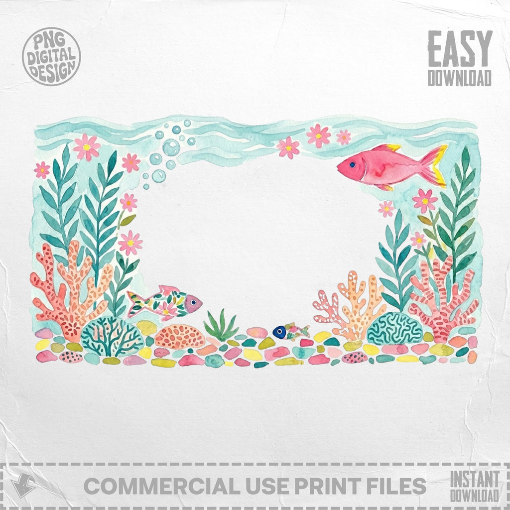 Watercolor illustration of an aquarium scene with fish, coral, and plants.