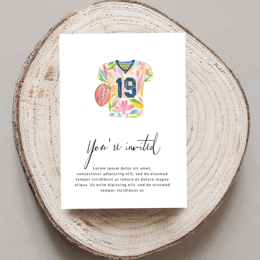 Invitation with watercolor football jersey and floral pattern, "You're invited" text.