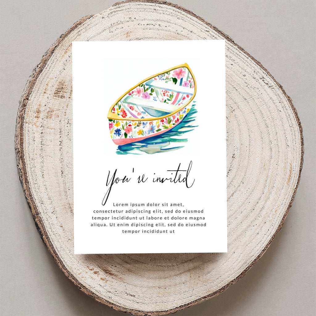 Floral rowboat invitation with "You're invited" text.