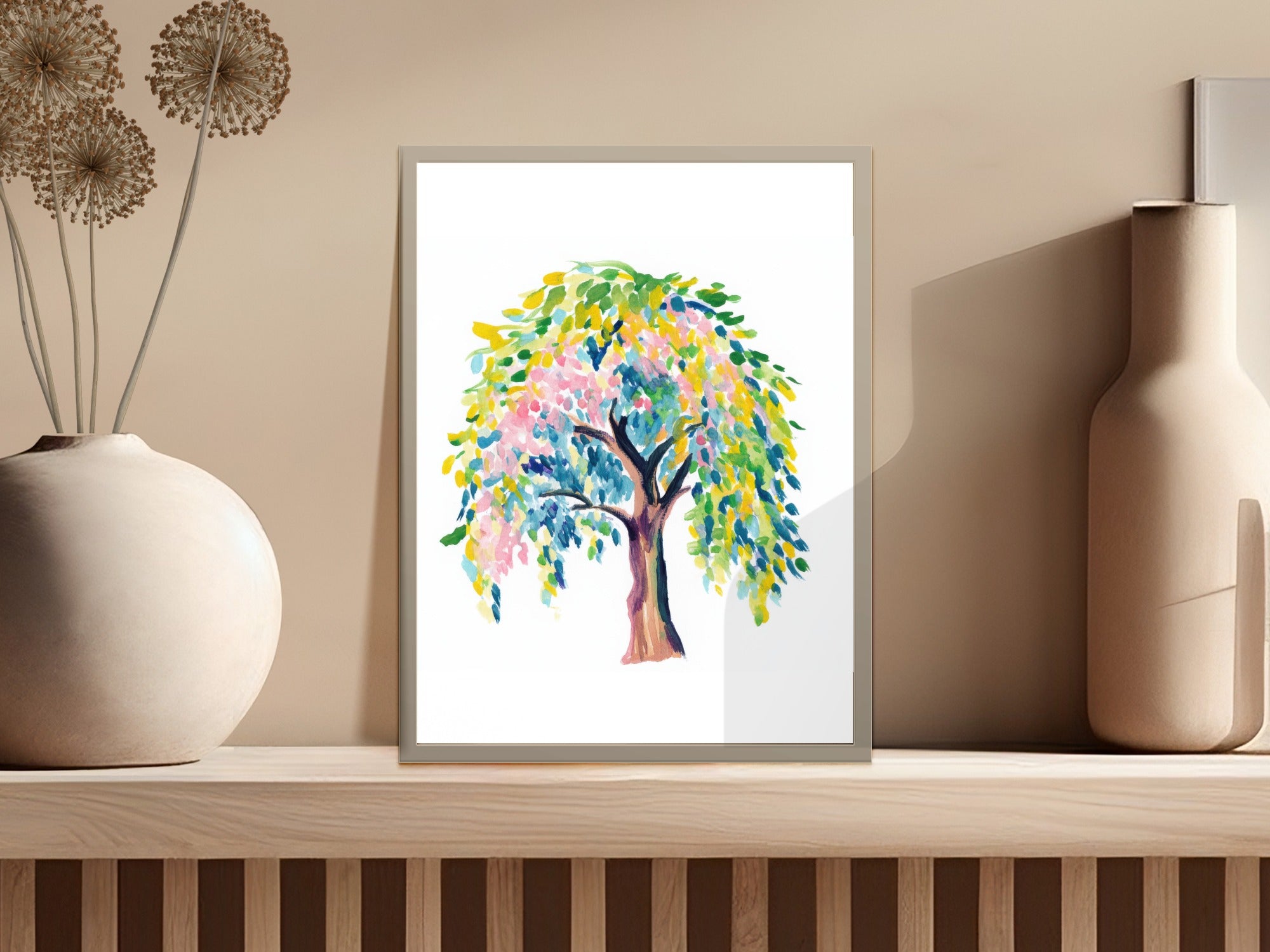 Watercolor painting of a vibrant tree with pink, blue, and green leaves.