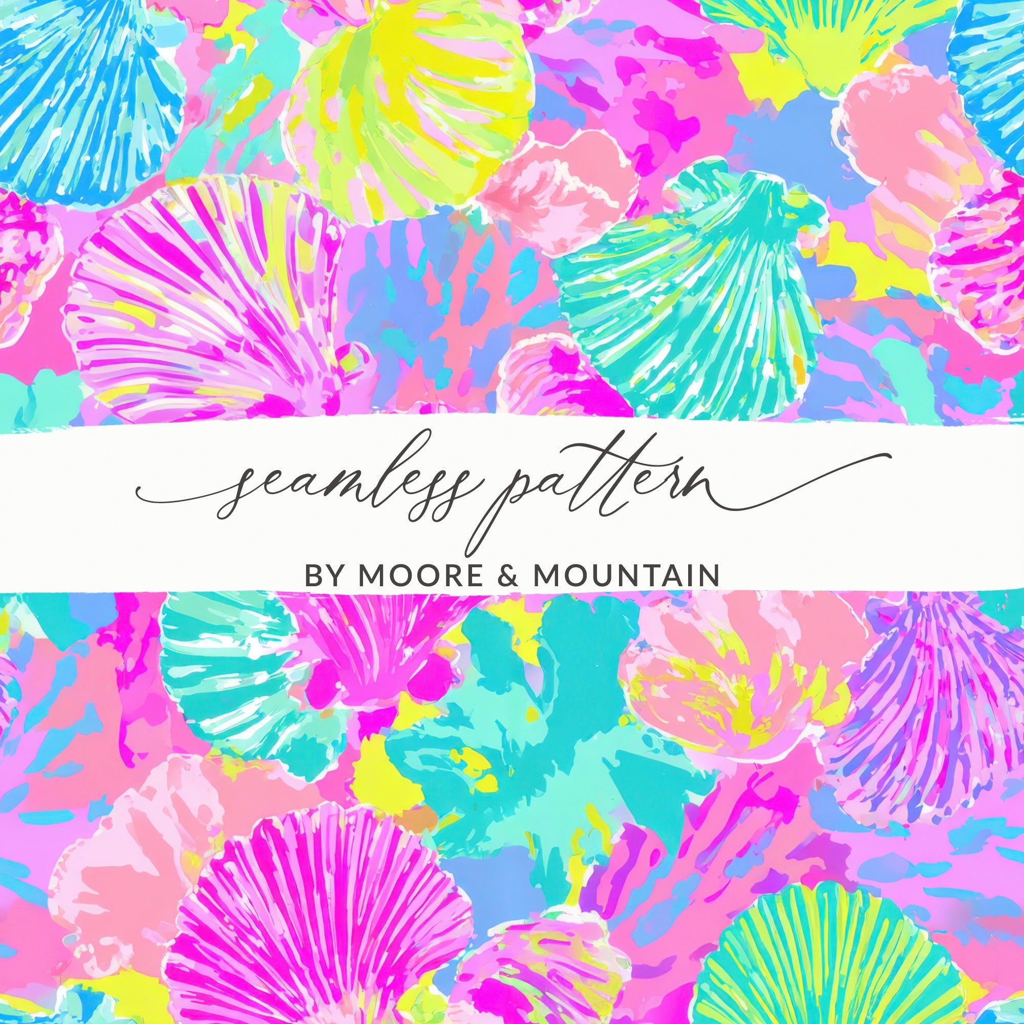 Seamless pattern of colorful seashells in pink, blue, yellow, and teal.