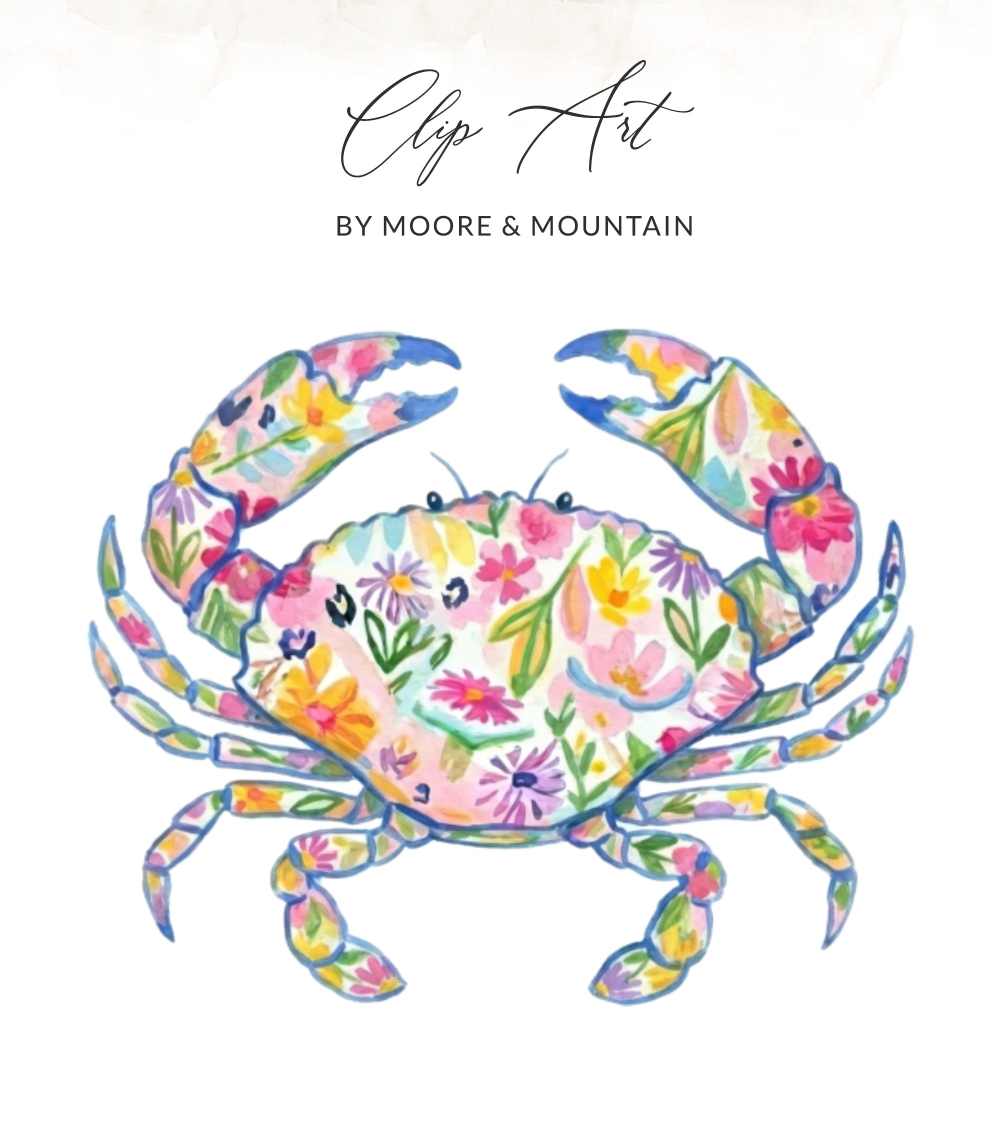 Watercolor crab with colorful floral pattern and text "Clip Art".