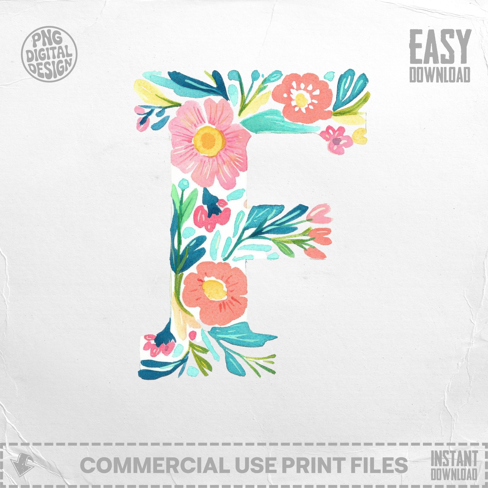 Floral letter F with watercolor flowers and leaves, easy download.