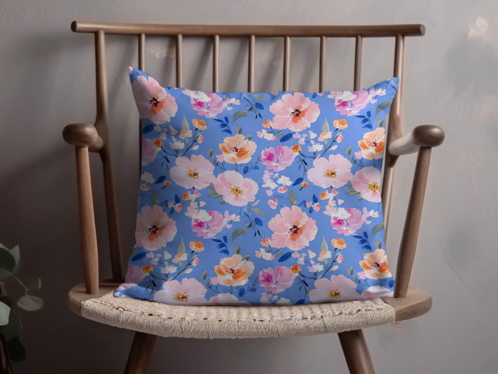 Vibrant Floral Blue Background Decorative Pillow Product