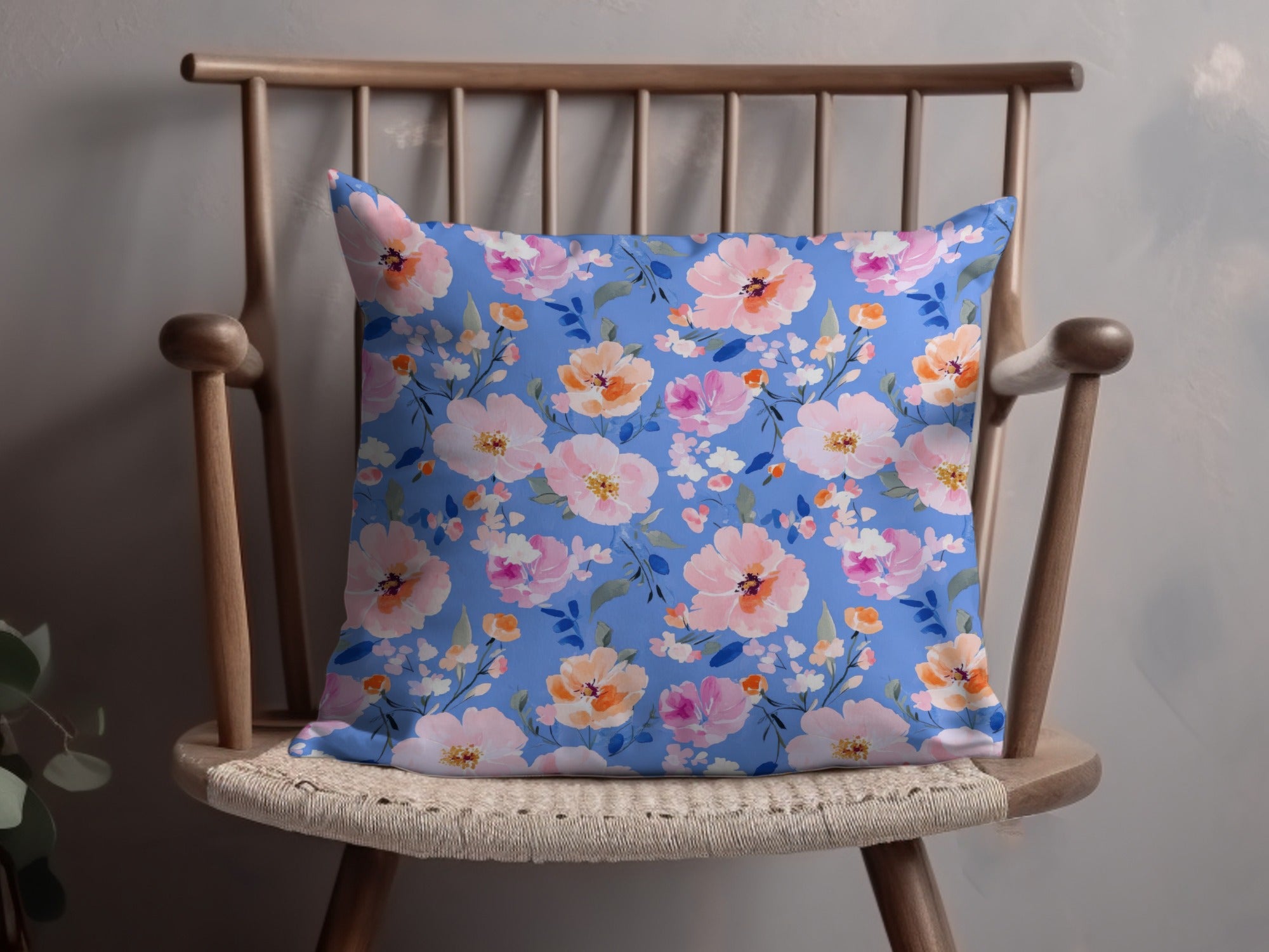 Vibrant Floral Blue Background Decorative Pillow Product