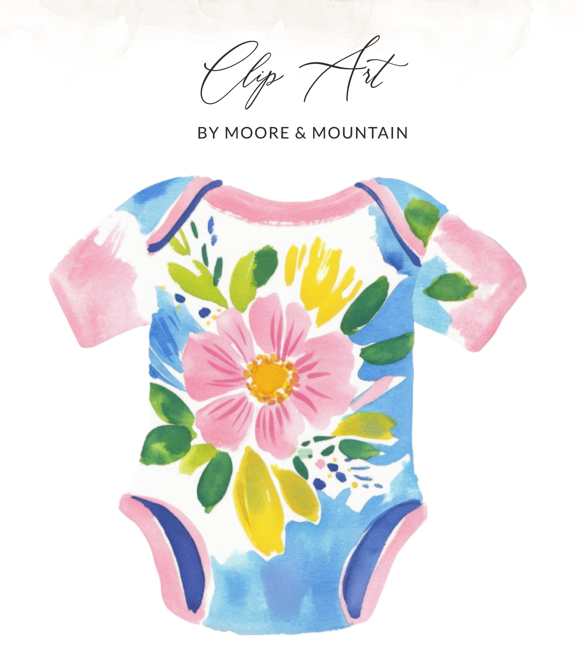Blue baby onesie with pink and yellow floral watercolor design.