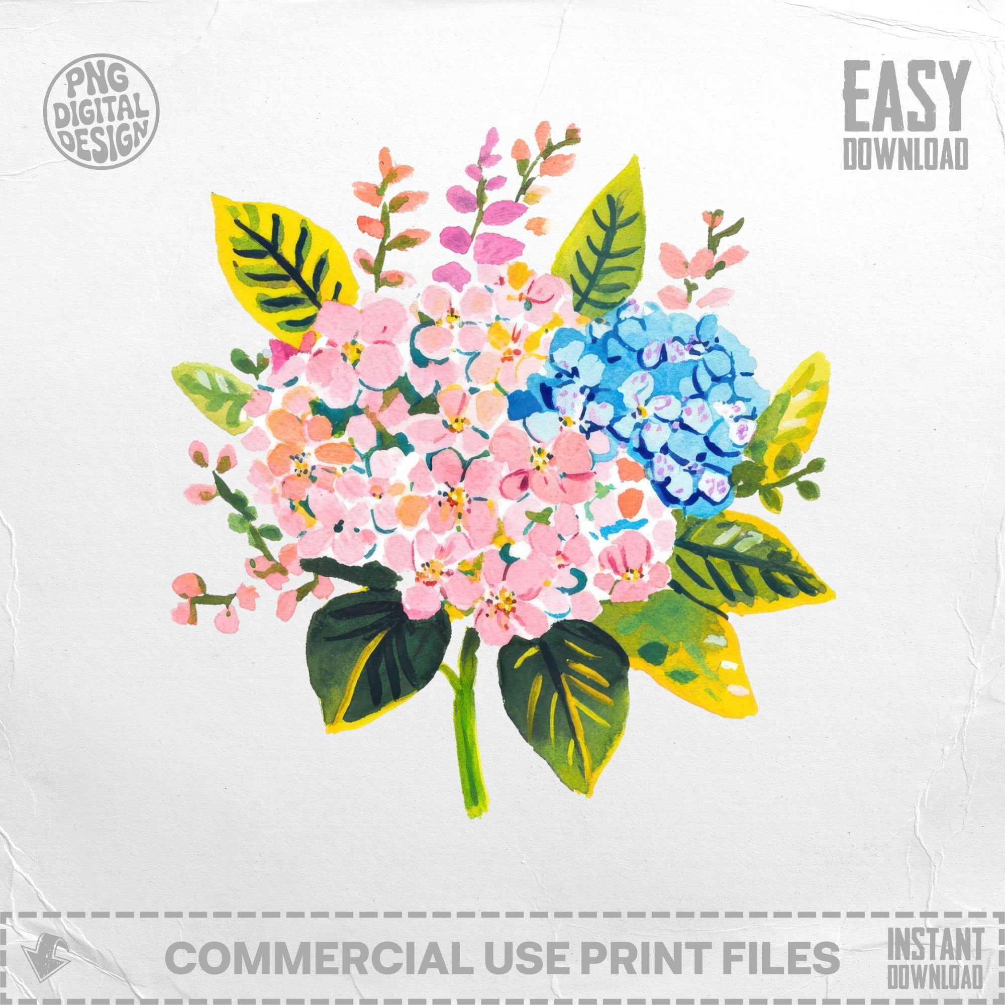 Watercolor hydrangea bouquet with pink and blue flowers, green leaves, and yellow accents.