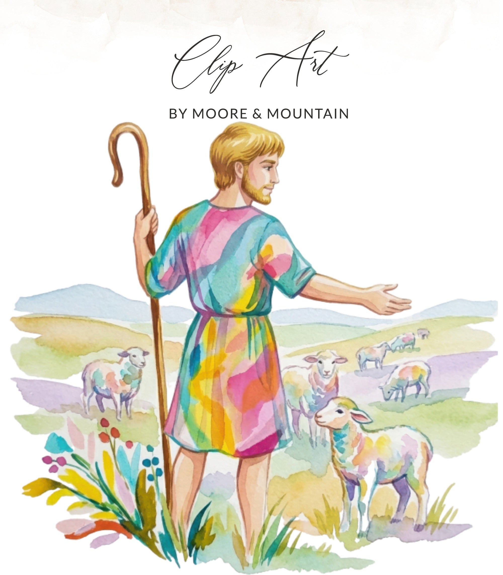 Shepherd with staff and flock of sheep in colorful watercolor landscape.