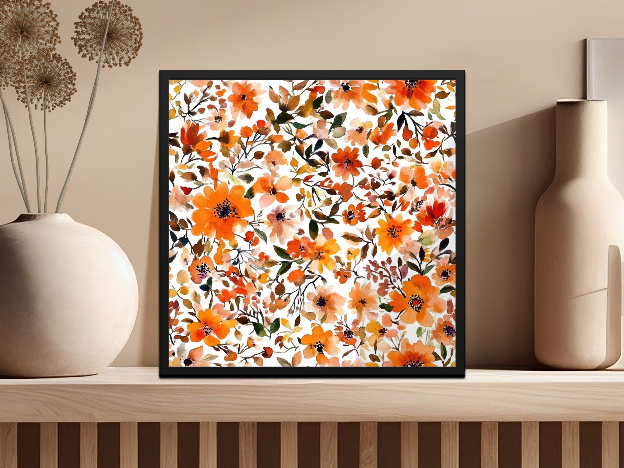 Vibrant Floral Pattern Print in Elegant Black Frame Artwork