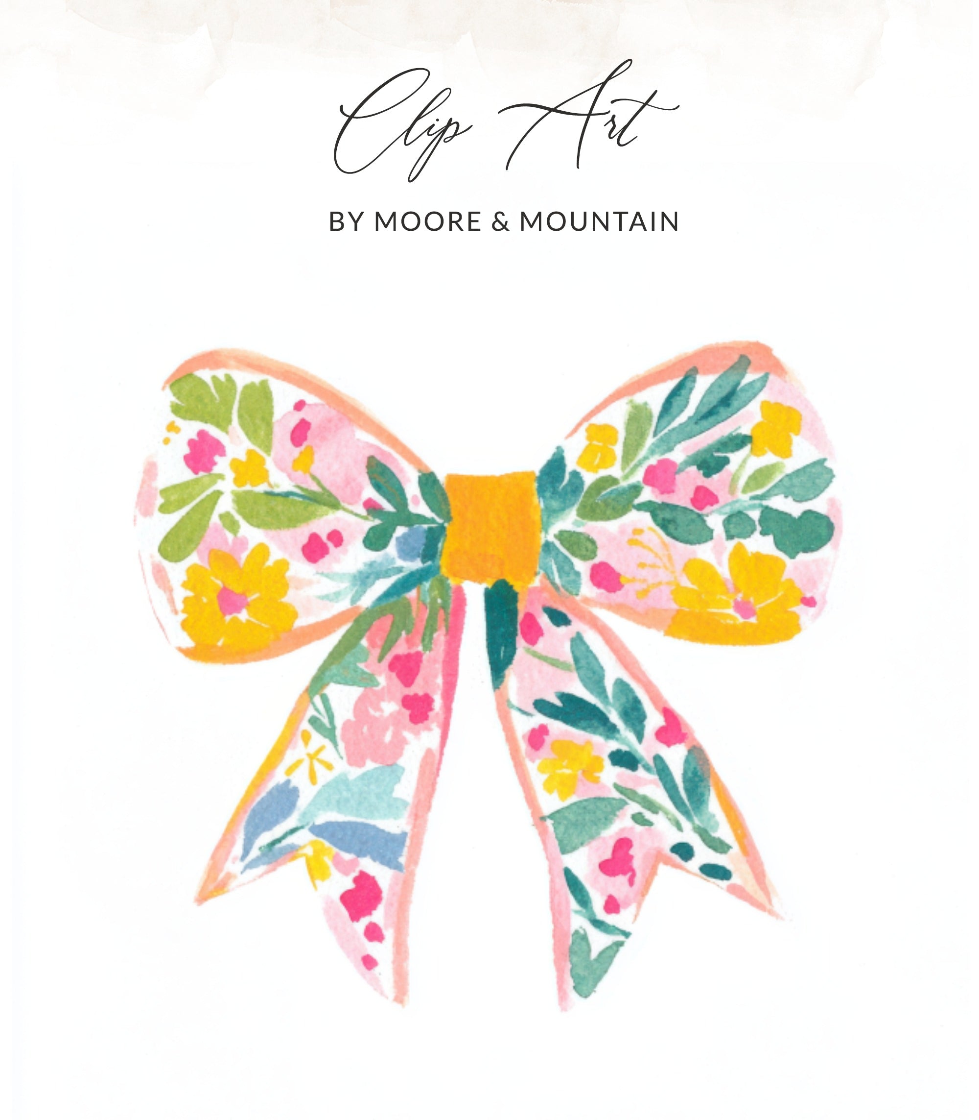 Watercolor bow with floral pattern and text "Clip Art By Moore & Mountain".