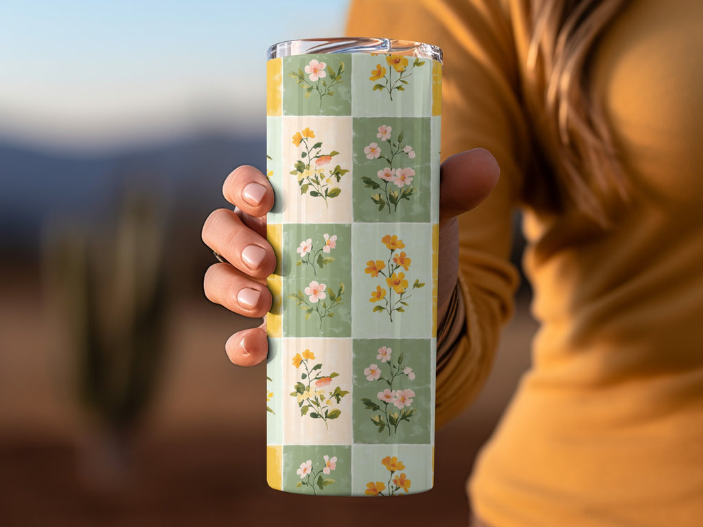 Floral Checkered Print Stainless Steel Tumbler