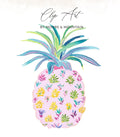 Pink pineapple clip art with colorful floral accents and "Clip Art by Moore & Mountain" text.