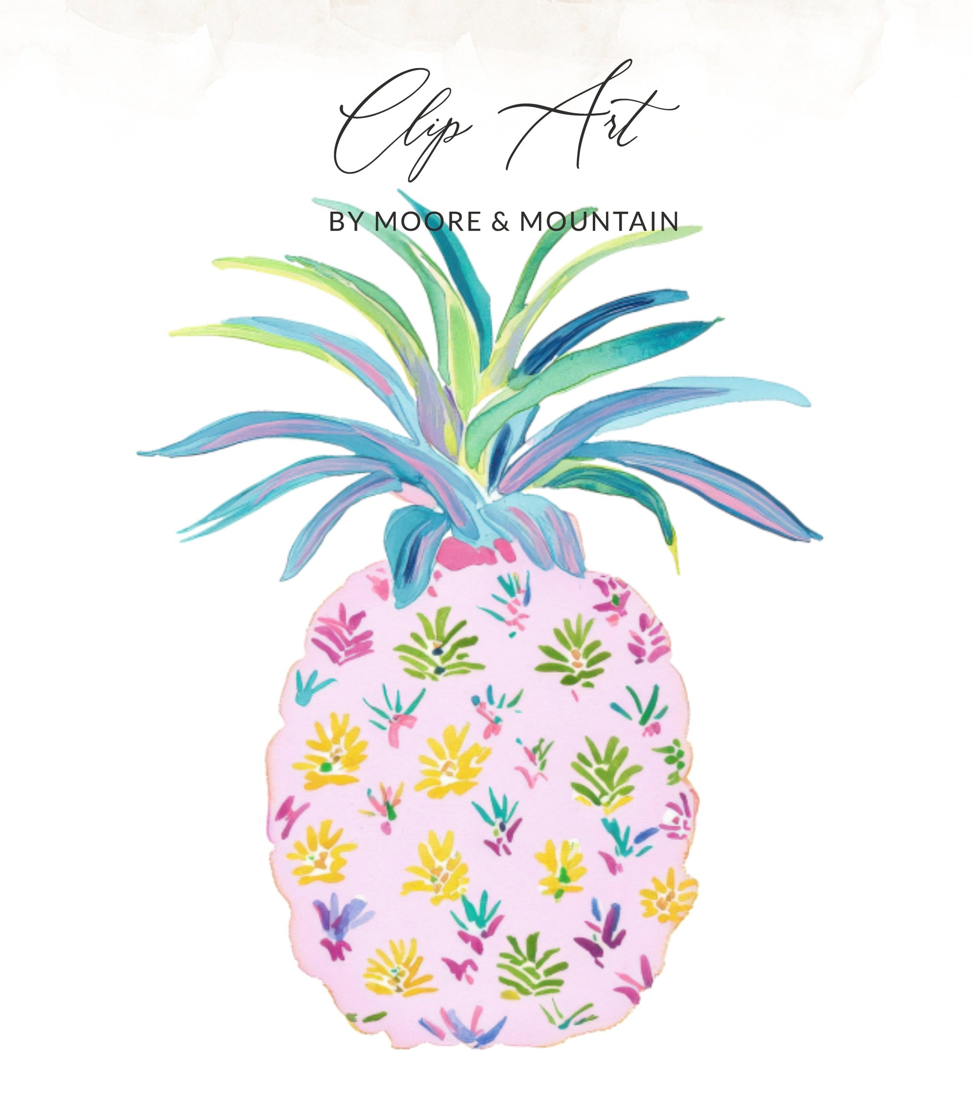 Pink pineapple clip art with colorful floral accents and "Clip Art by Moore & Mountain" text.